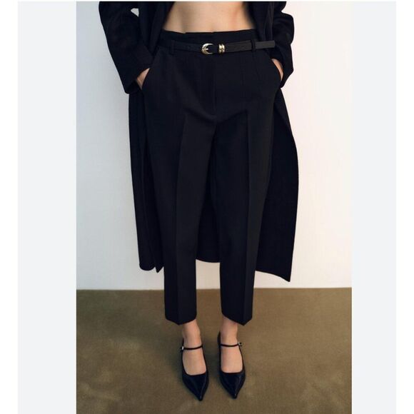 Zara Womens High Waisted Pants Trousers Ankle S Black 9490/590 NWT no belt - Picture 1 of 15